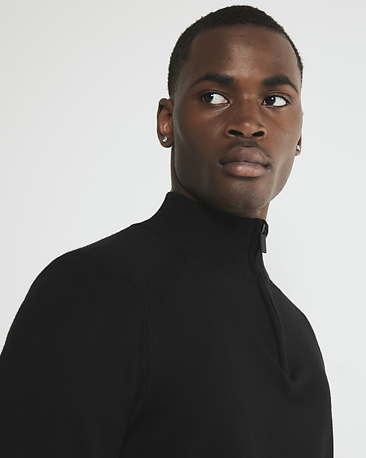 River Island Black Slim Fit Half Zip Jumper