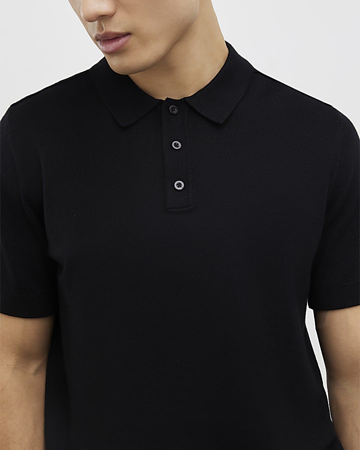 River Island Black Slim Fit Knitted Polo Shirt