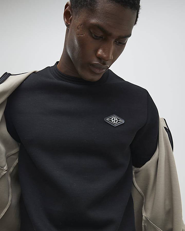 River Island Black Slim Fit Metal Badge T-Shirt