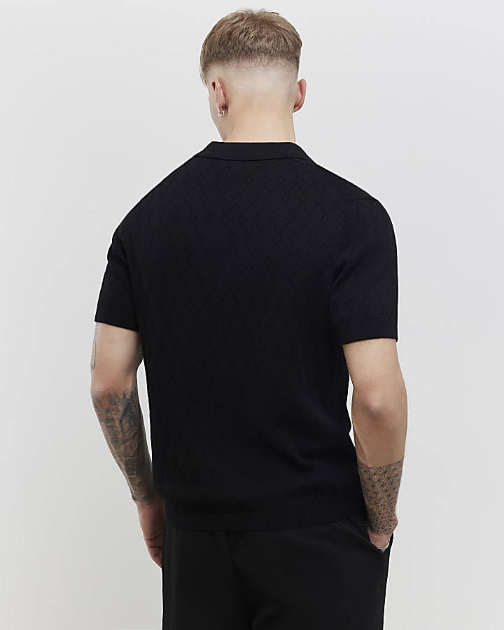 River Island Black Slim Fit Open Collar Shirt