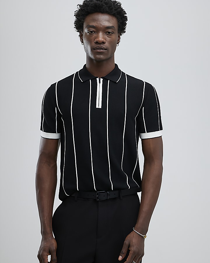 River Island Black Slim Fit Pinstripe Polo Shirt