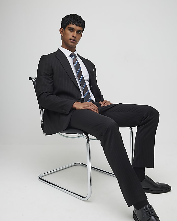 River Island Black Slim Fit Stripe Suit Trousers
