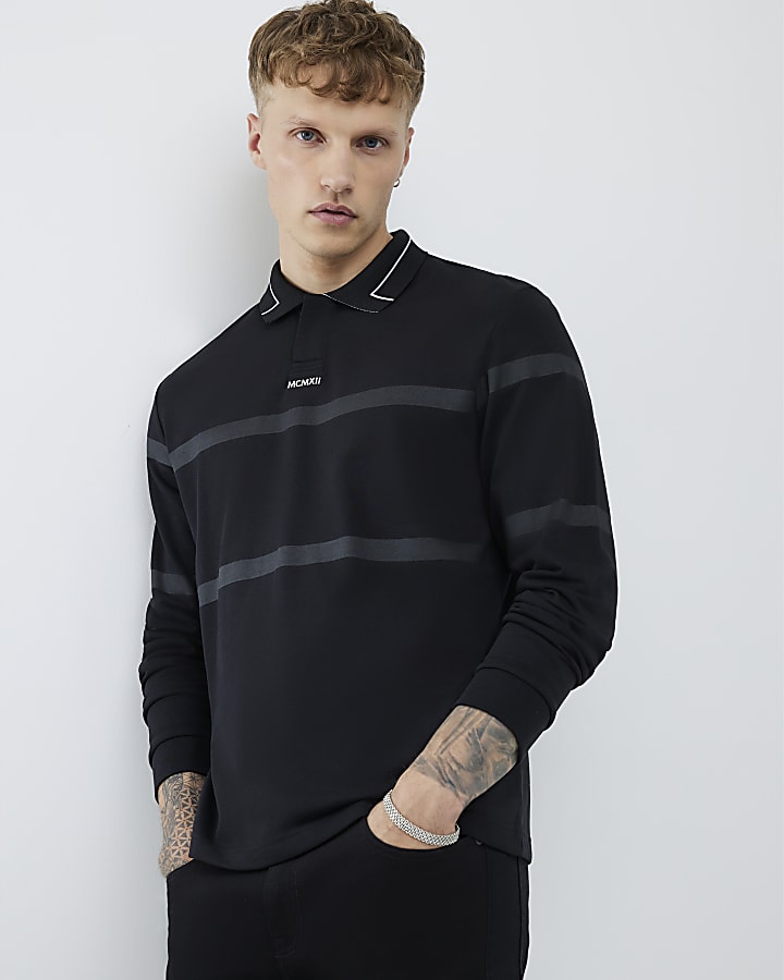 River Island Black Slim Fit Striped Polo Shirt