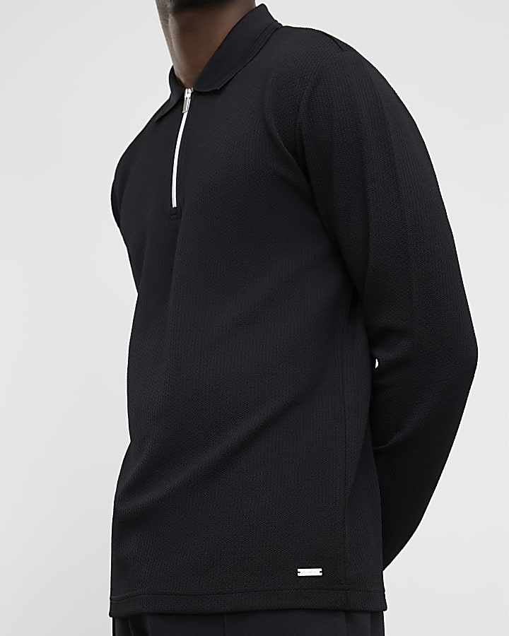 River Island Black Slim Fit Textured Polo Shirt