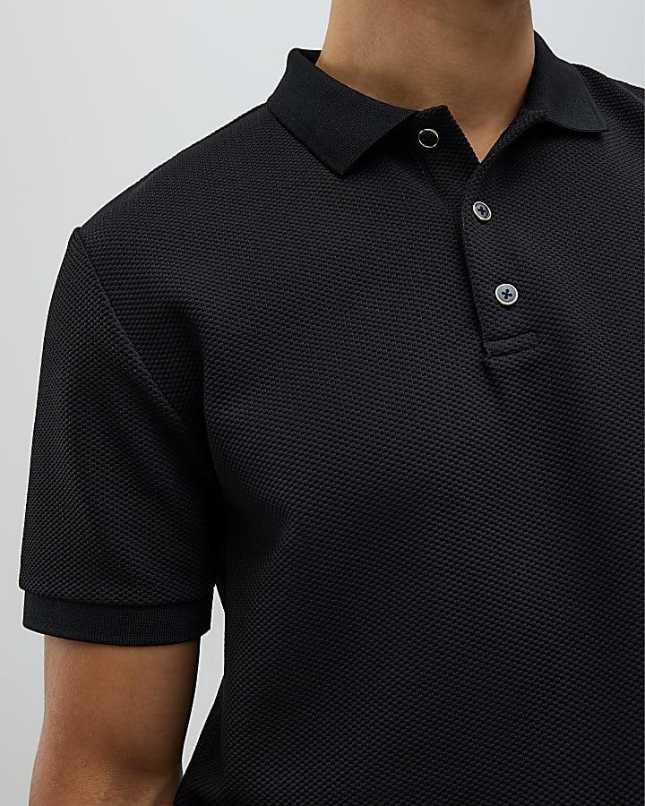 River Island Black Slim Fit Textured Polo Shirt