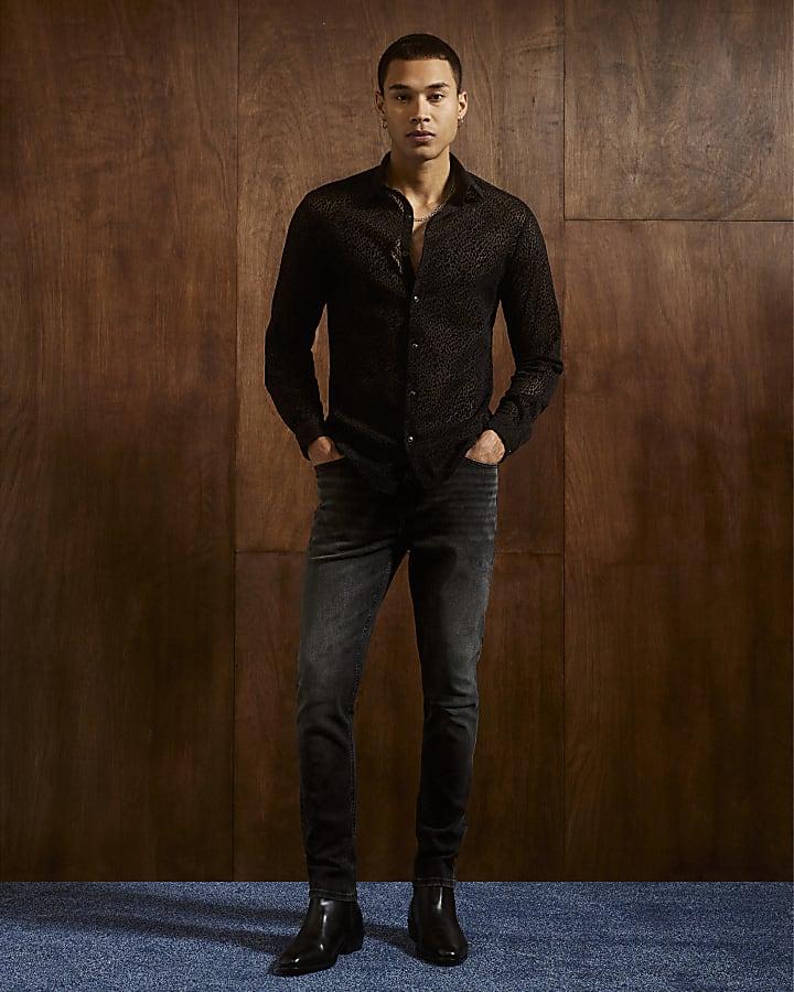 River Island Black Slim Fit Velvet Leopard Shirt