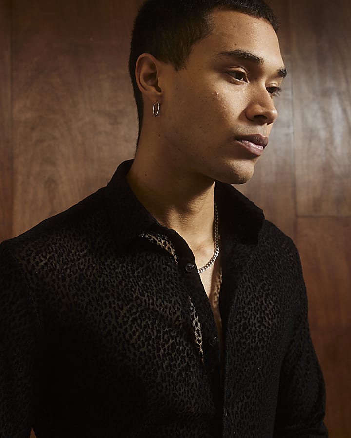 River Island Black Slim Fit Velvet Leopard Shirt