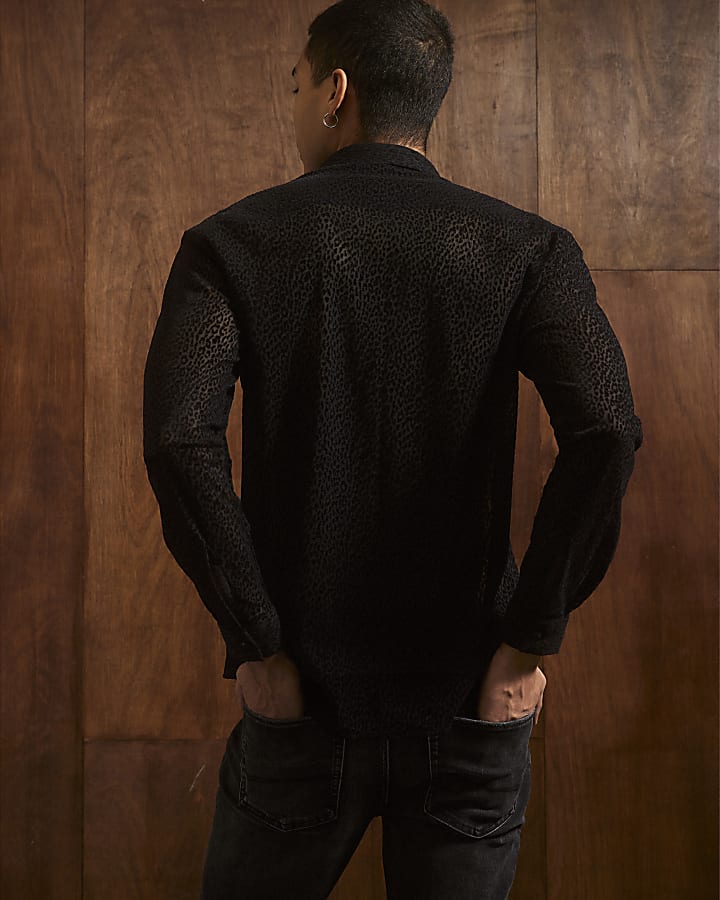River Island Black Slim Fit Velvet Leopard Shirt