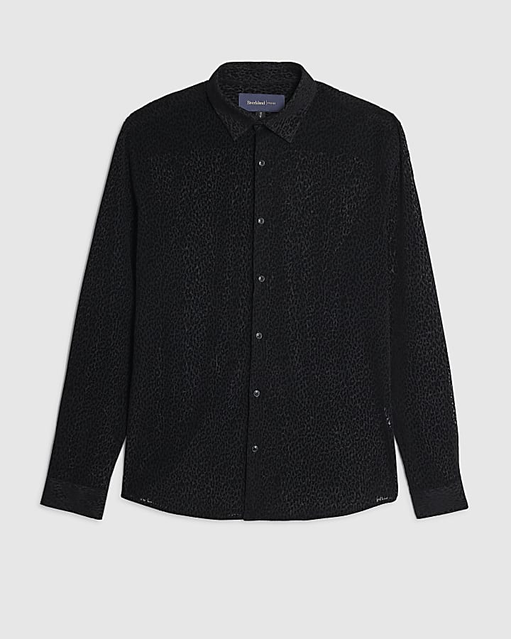 river island Black Slim Fit Velvet Leopard Shirt