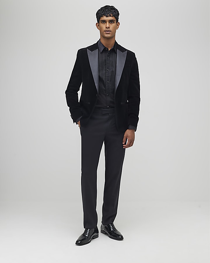 River Island Black Slim Fit Velvet Stripe Shirt