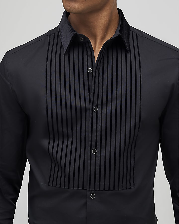 River Island Black Slim Fit Velvet Stripe Shirt