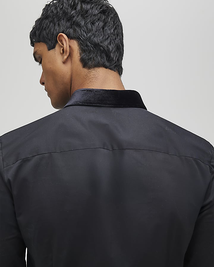 River Island Black Slim Fit Velvet Stripe Shirt