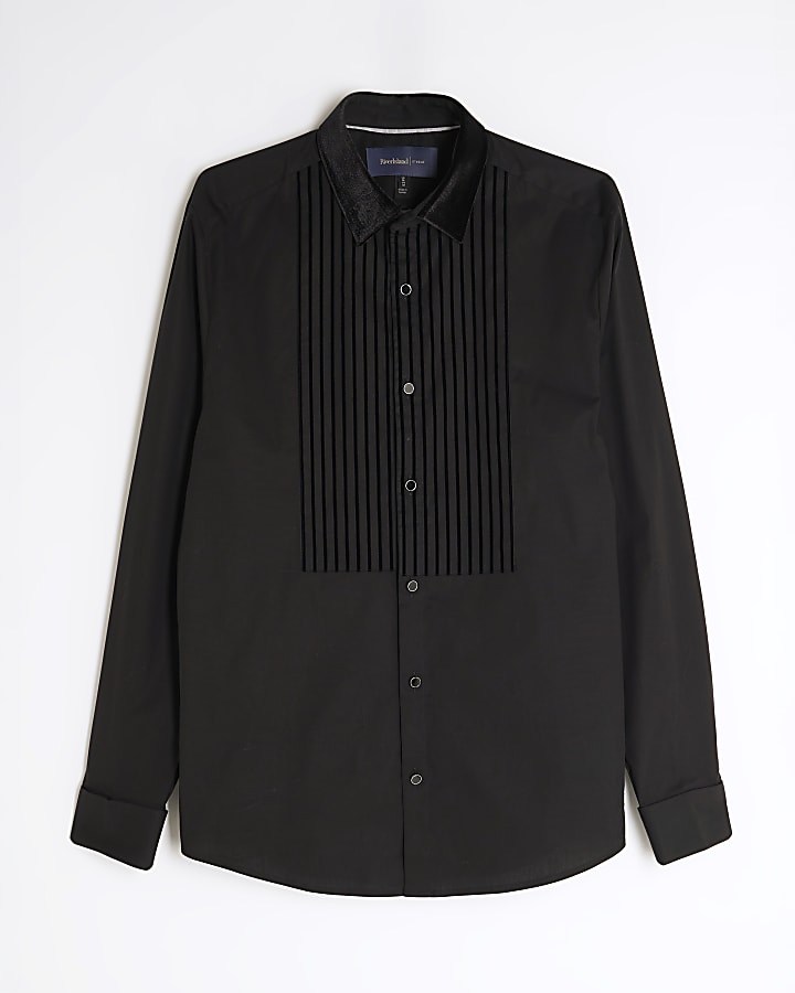 river island Black Slim Fit Velvet Stripe Shirt