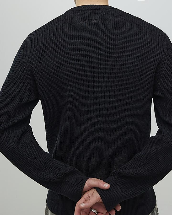 River Island Black Slim Fit Waffle Knit Jumper