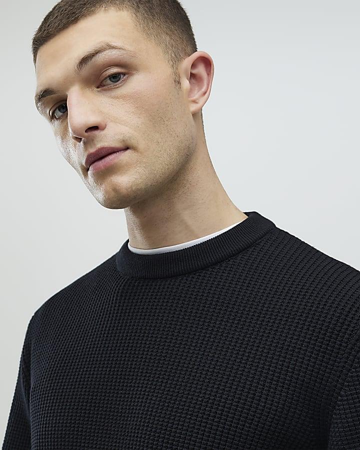 River Island Black Slim Fit Waffle Knit Jumper