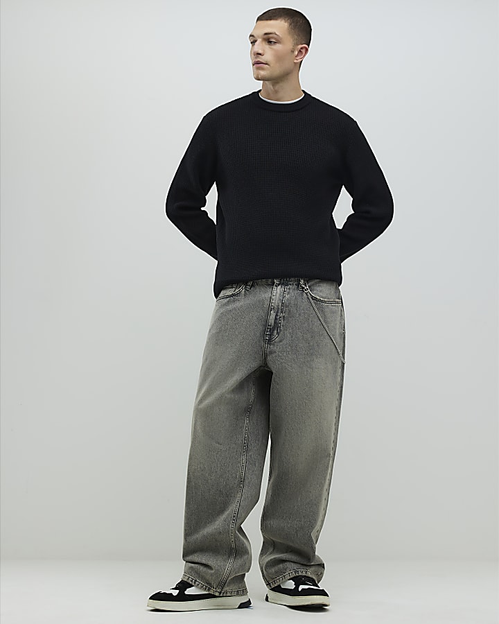 River Island Black Slim Fit Waffle Knit Jumper