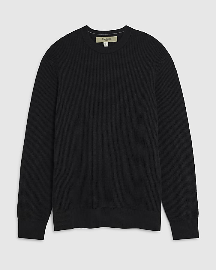 river island Black Slim Fit Waffle Knit Jumper