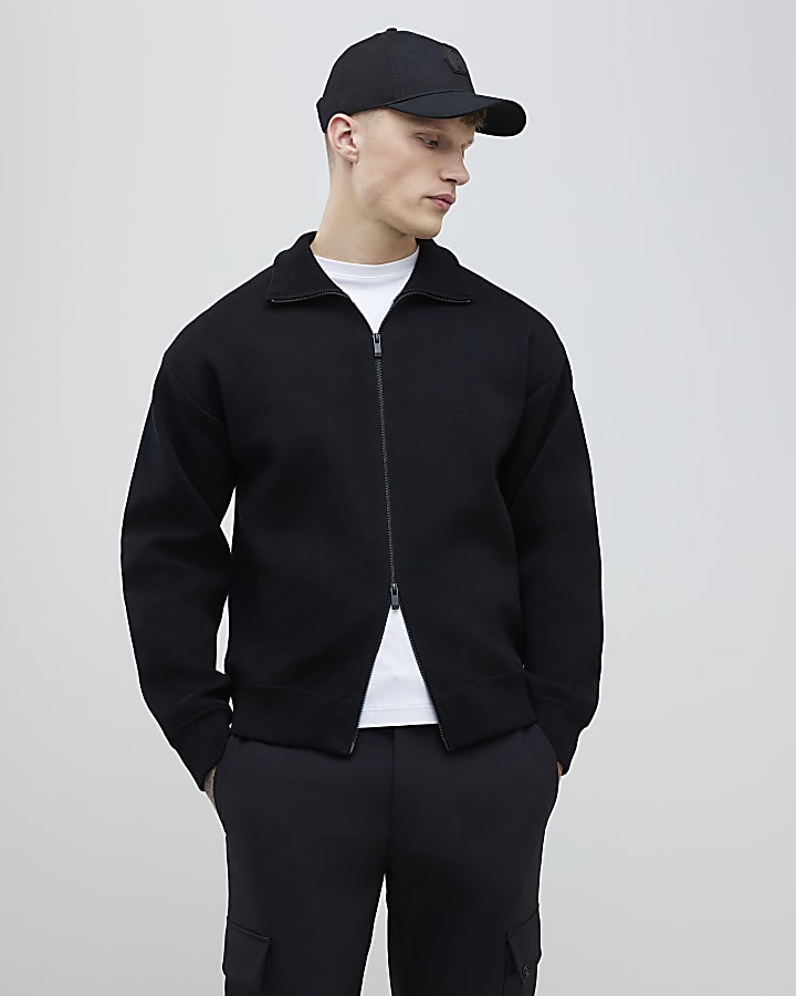 River Island Black Slim Fit Zip Through Jumper