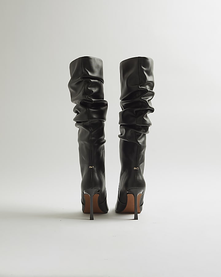 River Island Black Slouch High Leg Heeled Boots