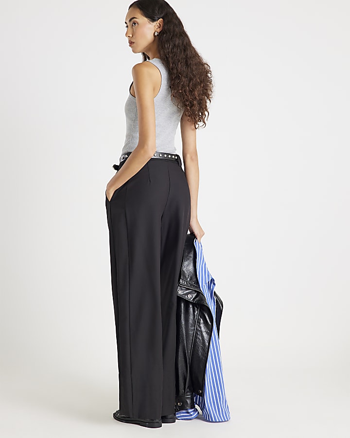 River Island Black Studded Belt Wide Leg Trousers