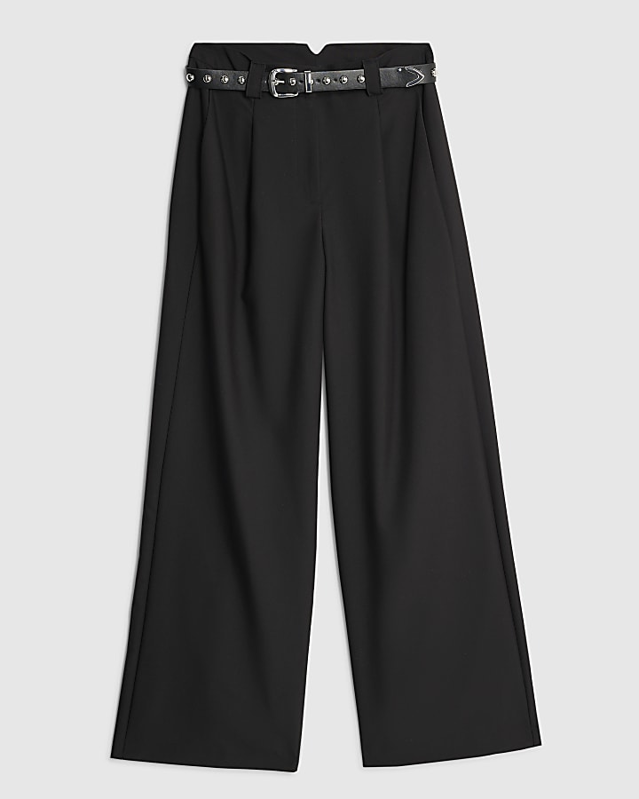 river island Black Studded Belt Wide Leg Trousers