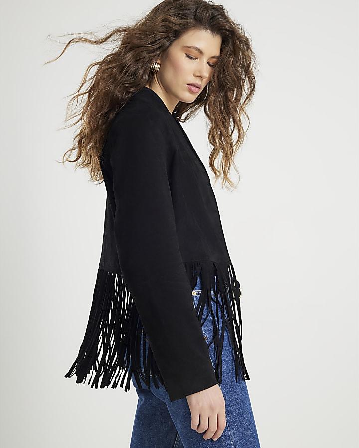 River Island Black Suede Collarless Tassel Blazer