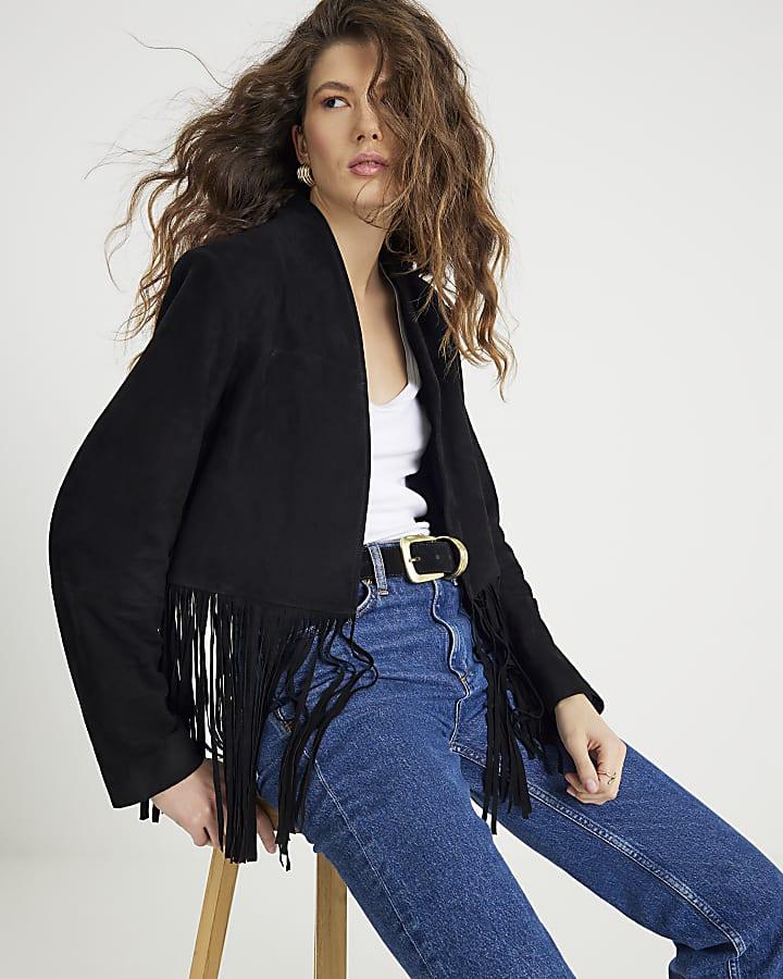 River Island Black Suede Collarless Tassel Blazer