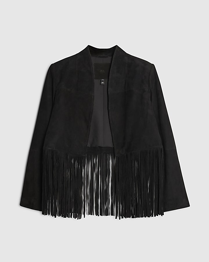 river island Black Suede Collarless Tassel Blazer