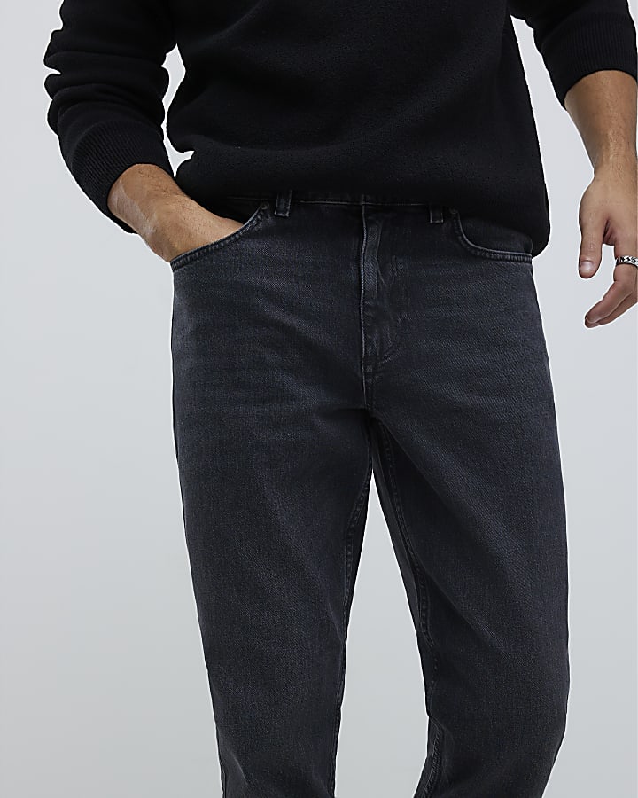 River Island Black Tapered Fit Washed Jeans