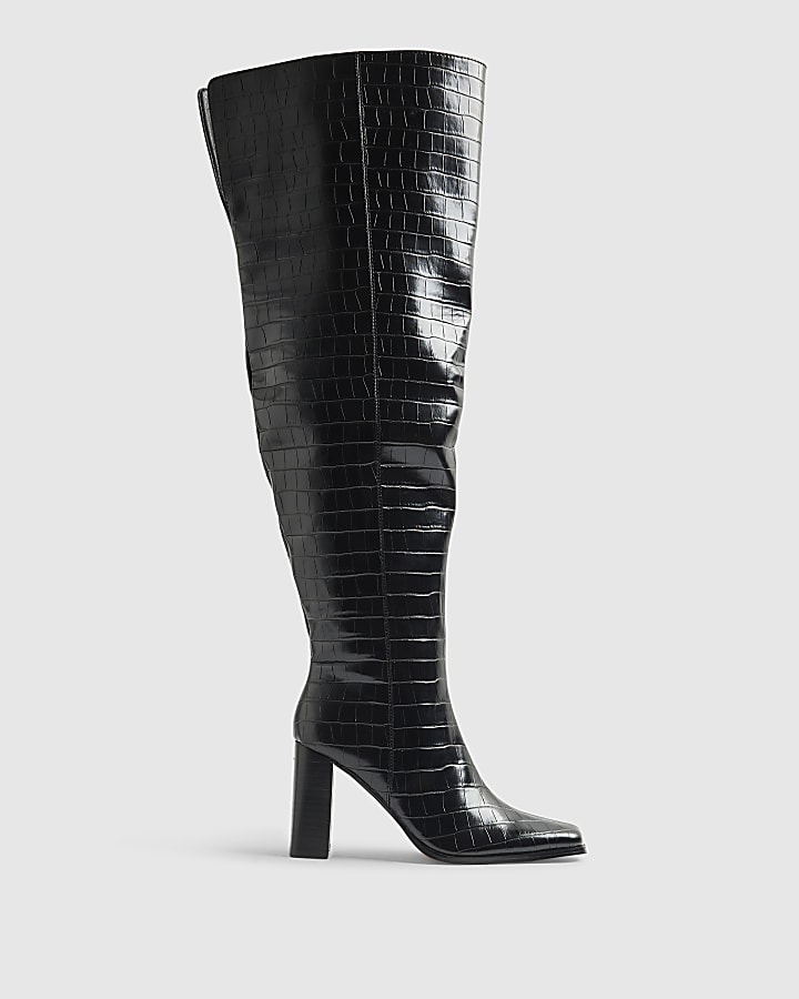 River Island Black Thigh High Block Heel Boots