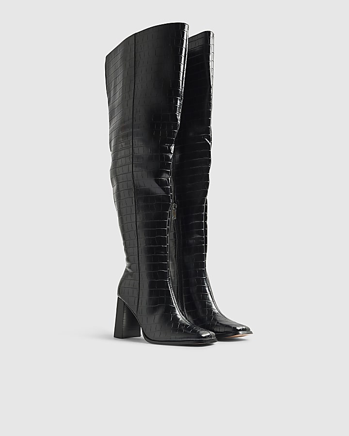 River Island Black Thigh High Block Heel Boots
