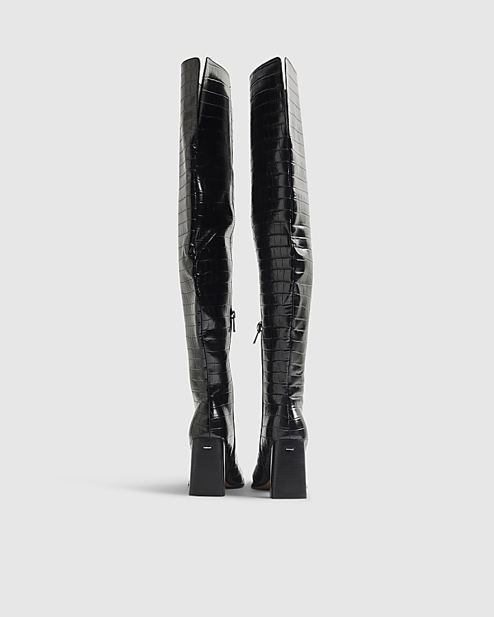 River Island Black Thigh High Block Heel Boots