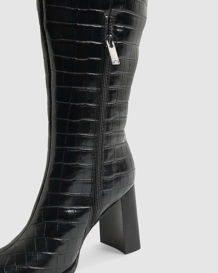 river island Black Thigh High Block Heel Boots