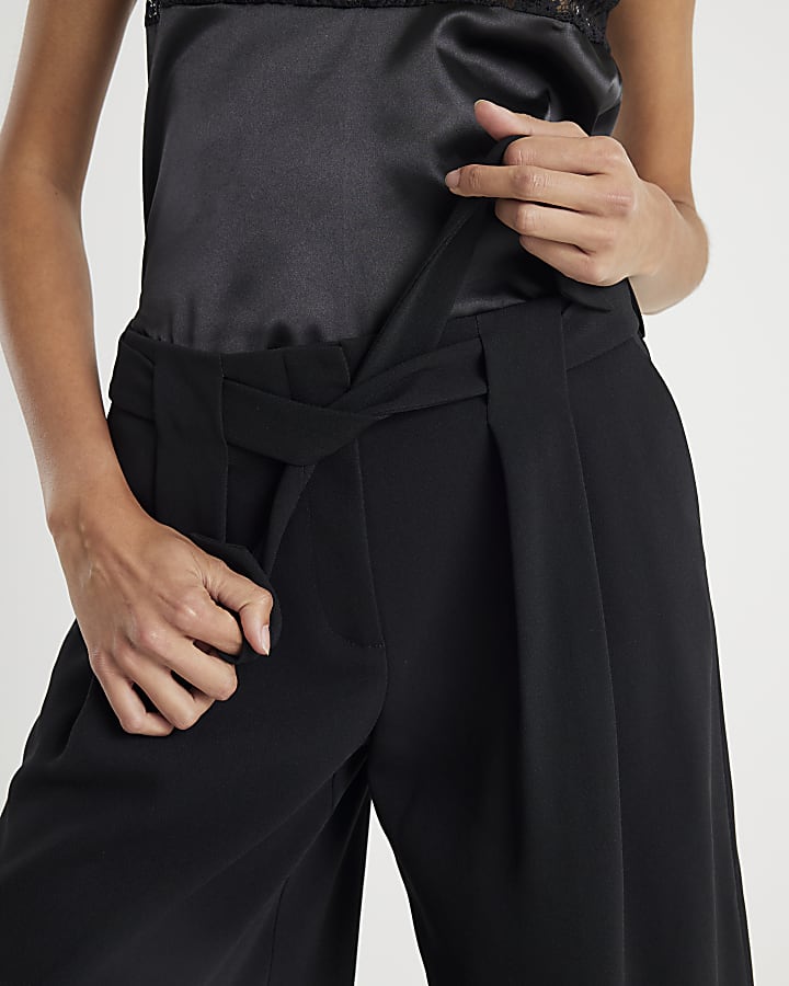 River Island Black Tie Waist Wide Leg Trousers