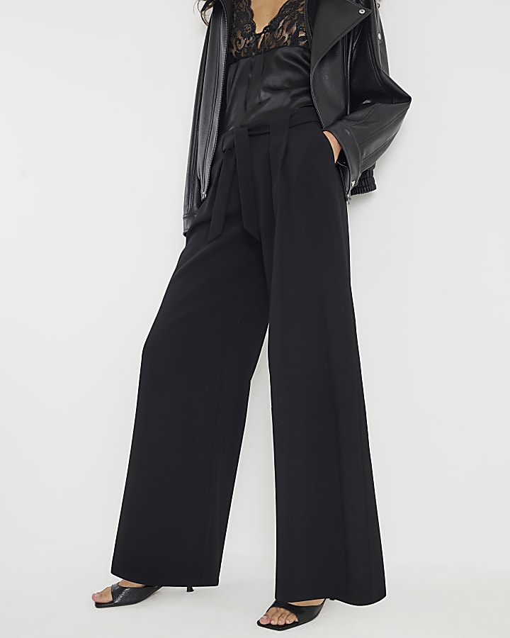 River Island Black Tie Waist Wide Leg Trousers