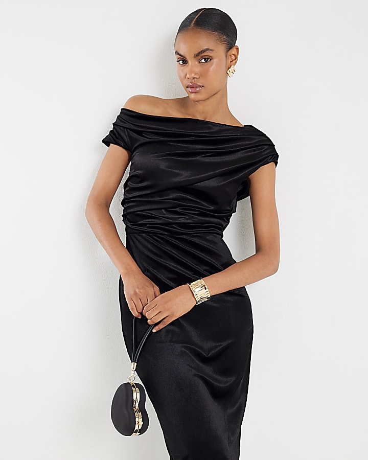 River Island Black Velvet Drape Midi Dress