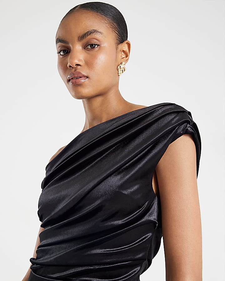 River Island Black Velvet Drape Midi Dress