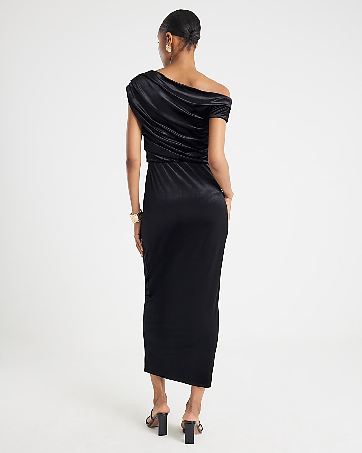 River Island Black Velvet Drape Midi Dress