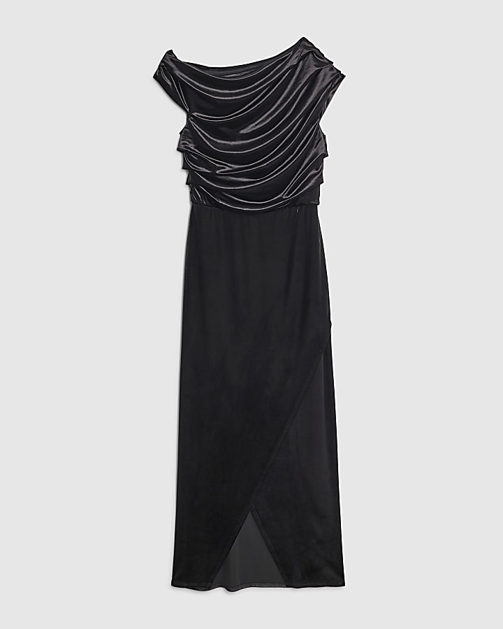 river island Black Velvet Drape Midi Dress