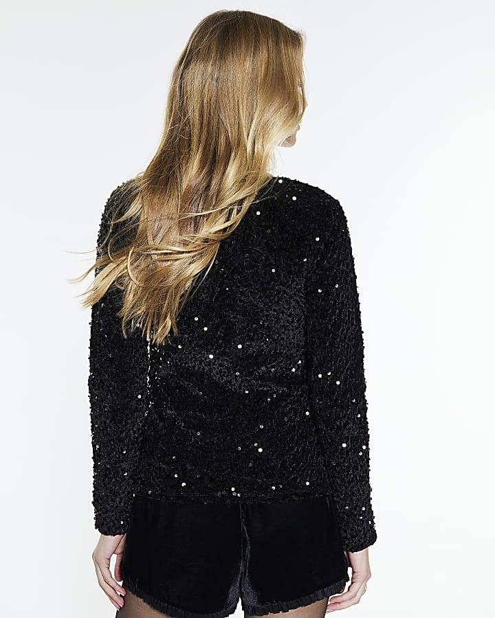 River Island Black Velvet Long Sleeve Cut Out Top