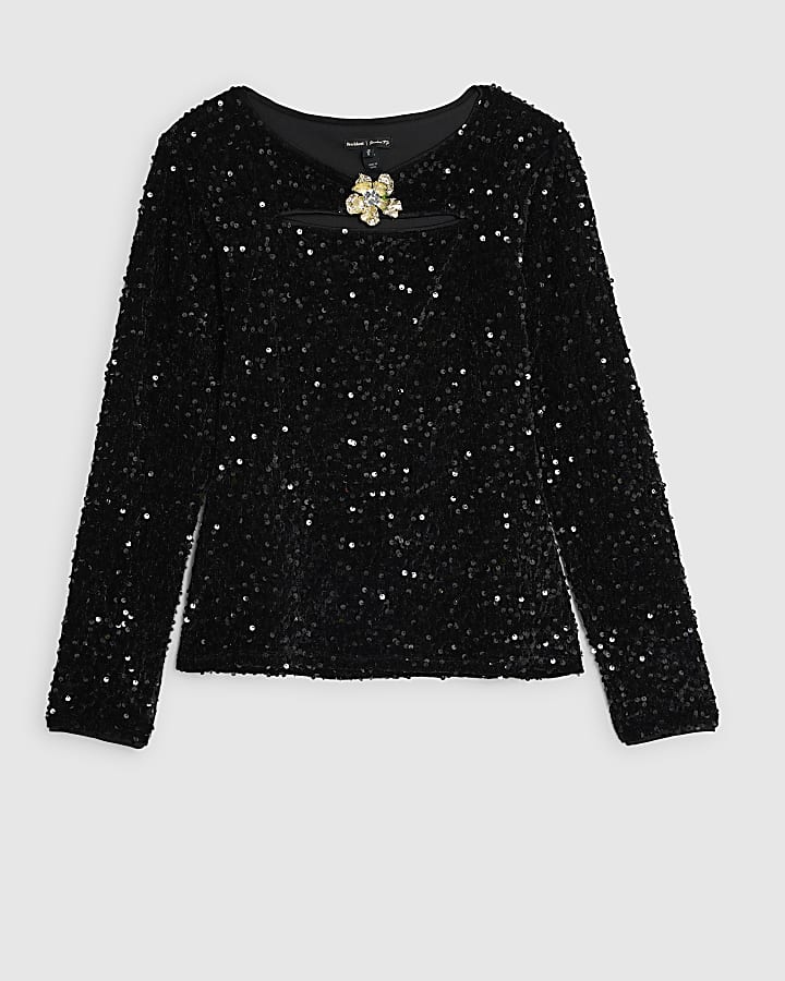 river island Black Velvet Long Sleeve Cut Out Top