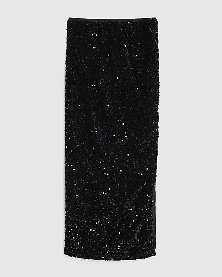 river island Black Velvet Sequin Ruched Midi Skirt