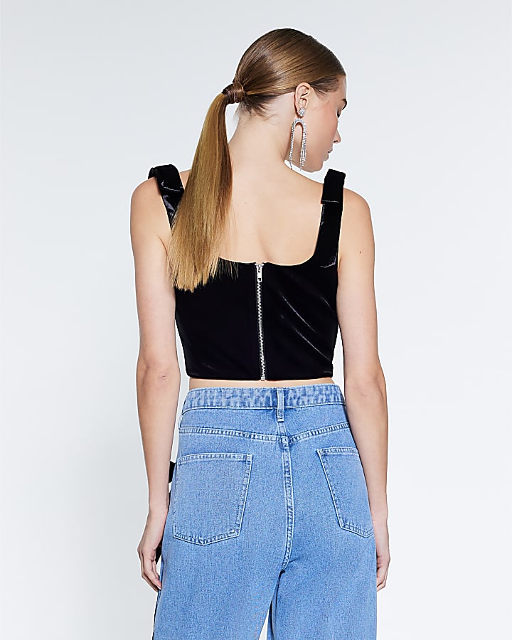 River Island Black Velvet Sleeveless Corset Top