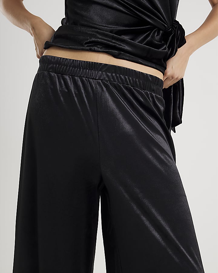 River Island Black Velvet Wide Leg Joggers
