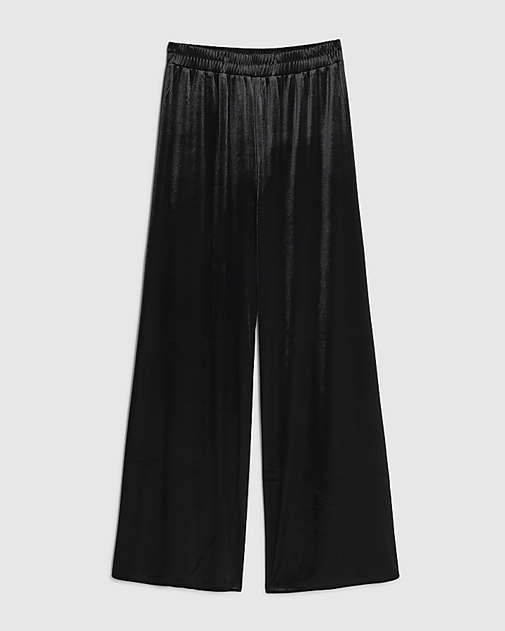 river island Black Velvet Wide Leg Joggers