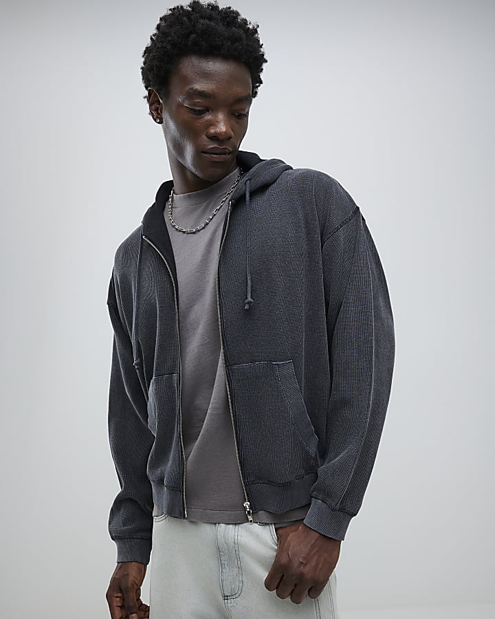 River Island Black Washed Zip Through Hoodie