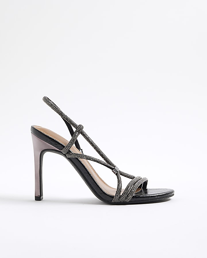 River Island Black Wide Fit Diamante Strappy Heels