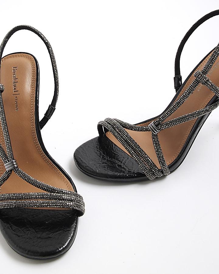 river island Black Wide Fit Diamante Strappy Heels