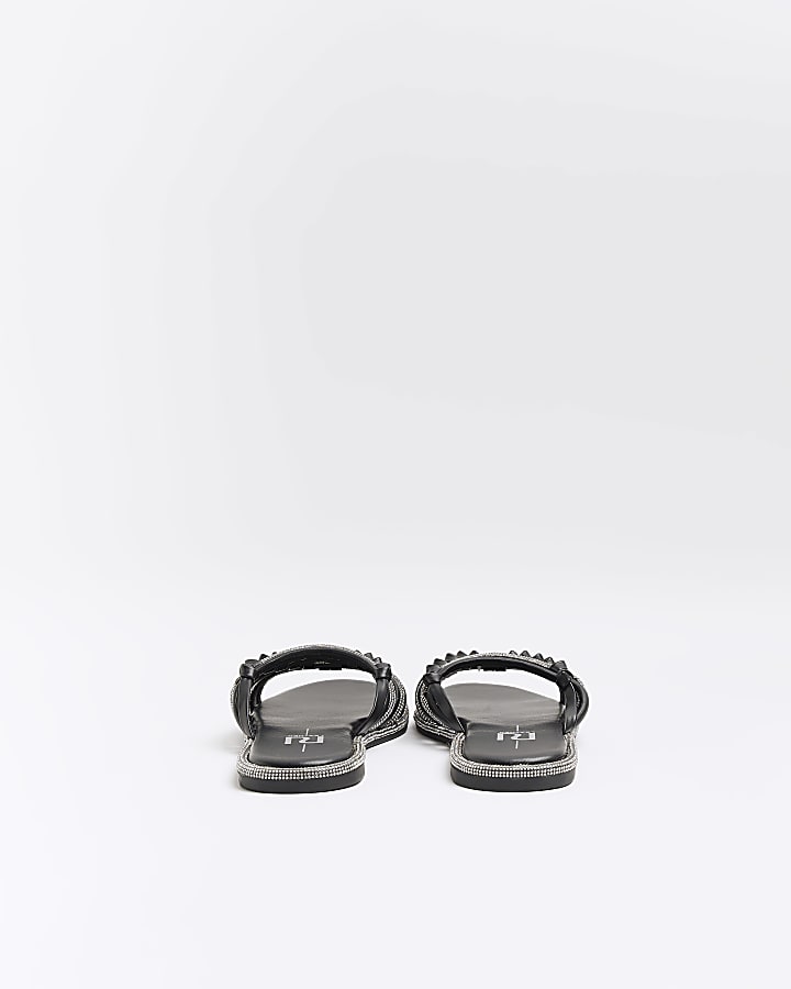River Island Black Wide Fit Embellished Sliders