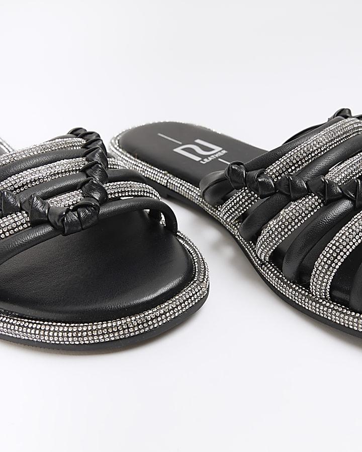River Island Black Wide Fit Embellished Sliders